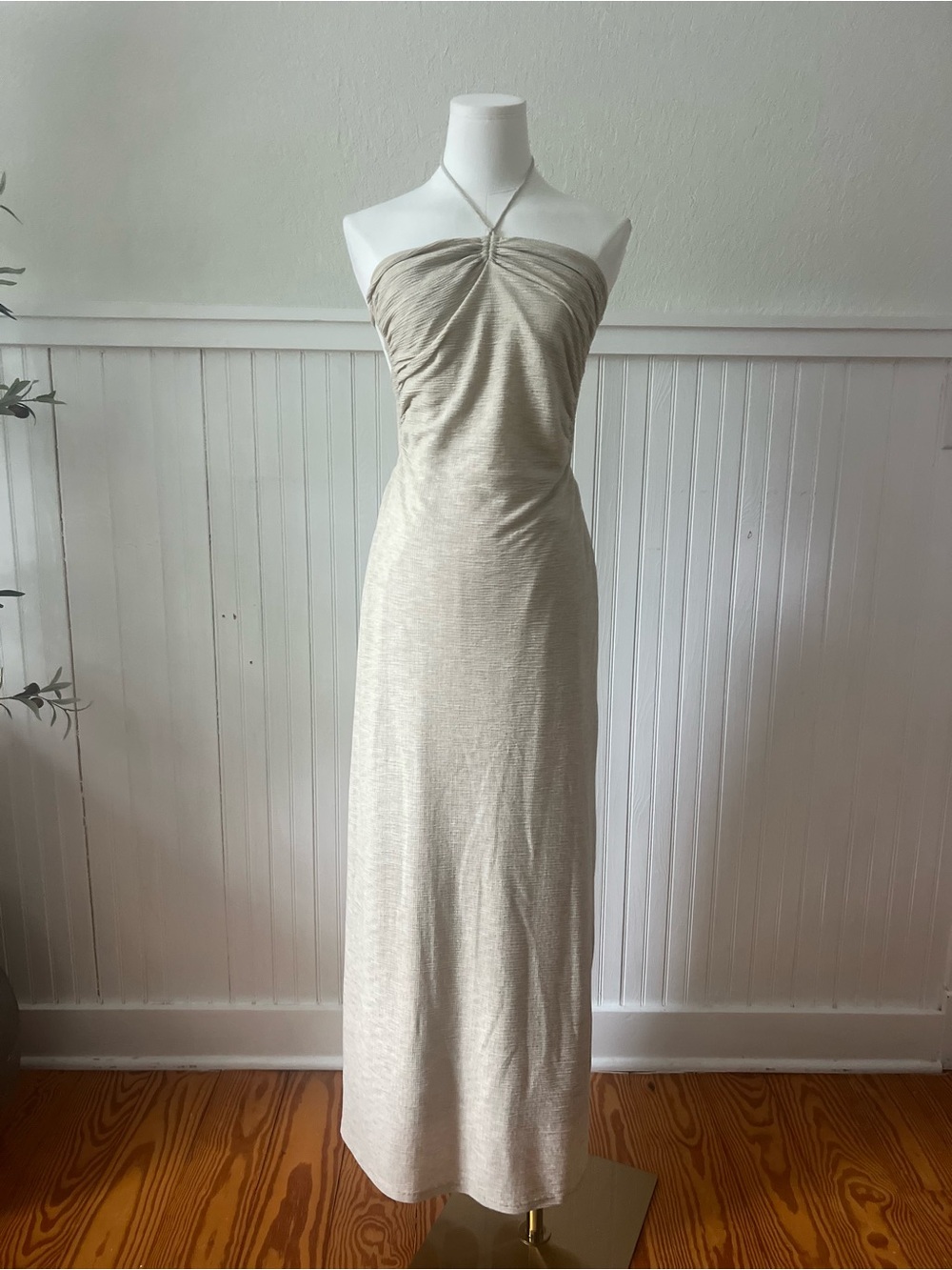 SABO Beige Halter Maxi Dress Size S US 4 Open Back Cutout Ruched Australia